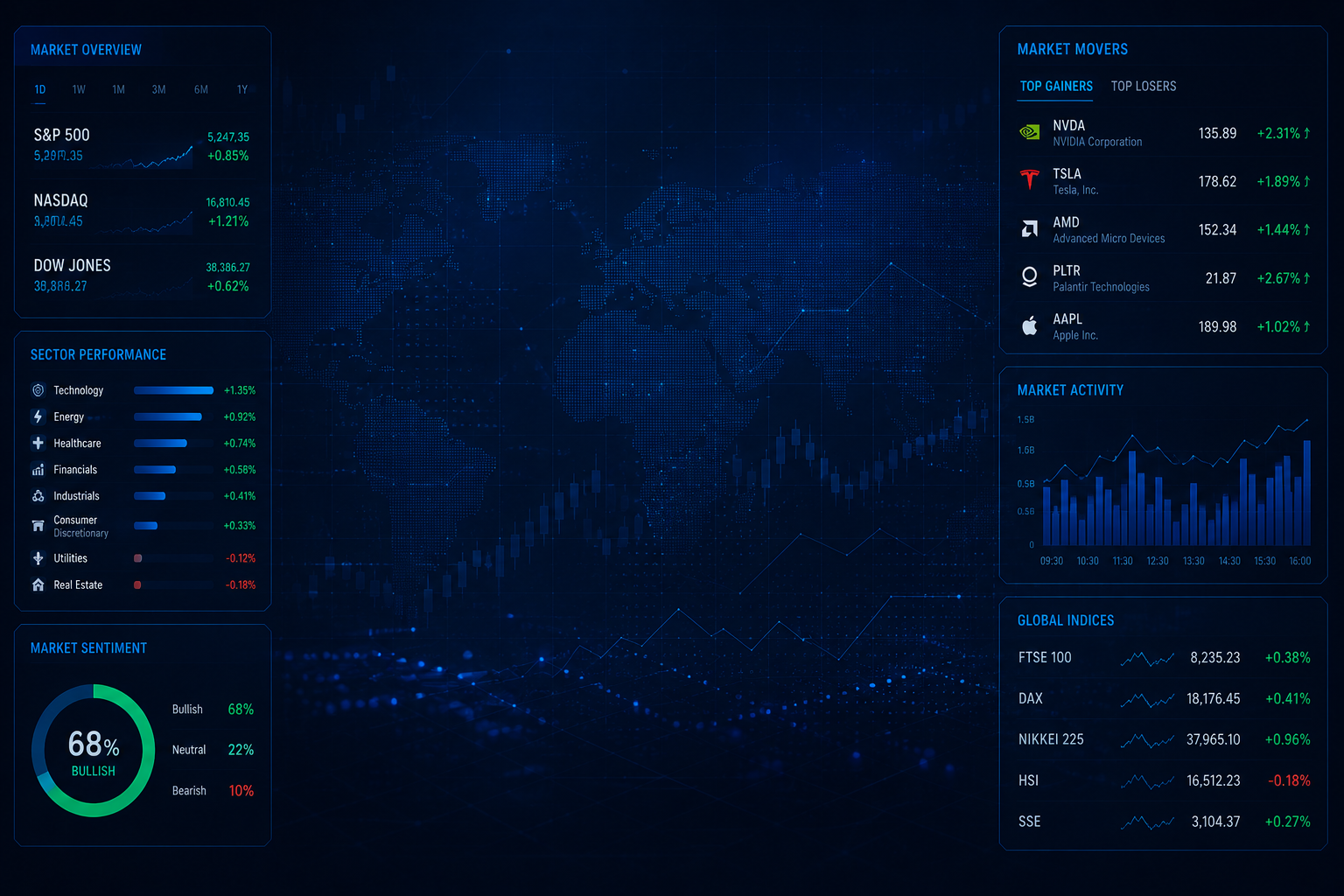 Deep blue financial data dashboard background